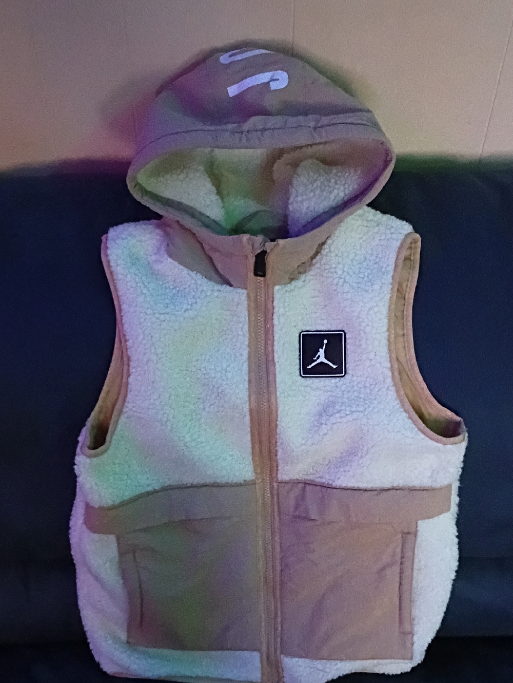 Jordan Hooded Sherpa Vest in Cream and Tan Trim